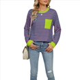 thumbnail image 2 of Camisas de Larga para Mujer, Cuello Redondo A Rayas, Corte Holgado, Camiseta de Bloques de Color Otoño 2025 con Bolsillo Tiras de Color Verde Rosa M, 2 of 10