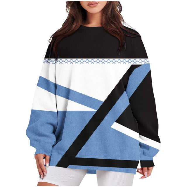 Pisexur Chandail en Molleton pour Femmes, Ourlet Fendu, Col Rond, Manches Longues, Graphique Géométrique, Tendance, Automne, Léger, Chandail à Capuchon, Décontracté, Ample