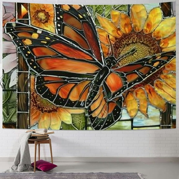 Sheronv Butterfly Sunflowers Stained Glass Tapestry Wall Hanging Unique Style for Home Decor - Living Room, Bedroom, Apartment, Farmhouse, Dorm - 4 Sizes Available 40x30inch