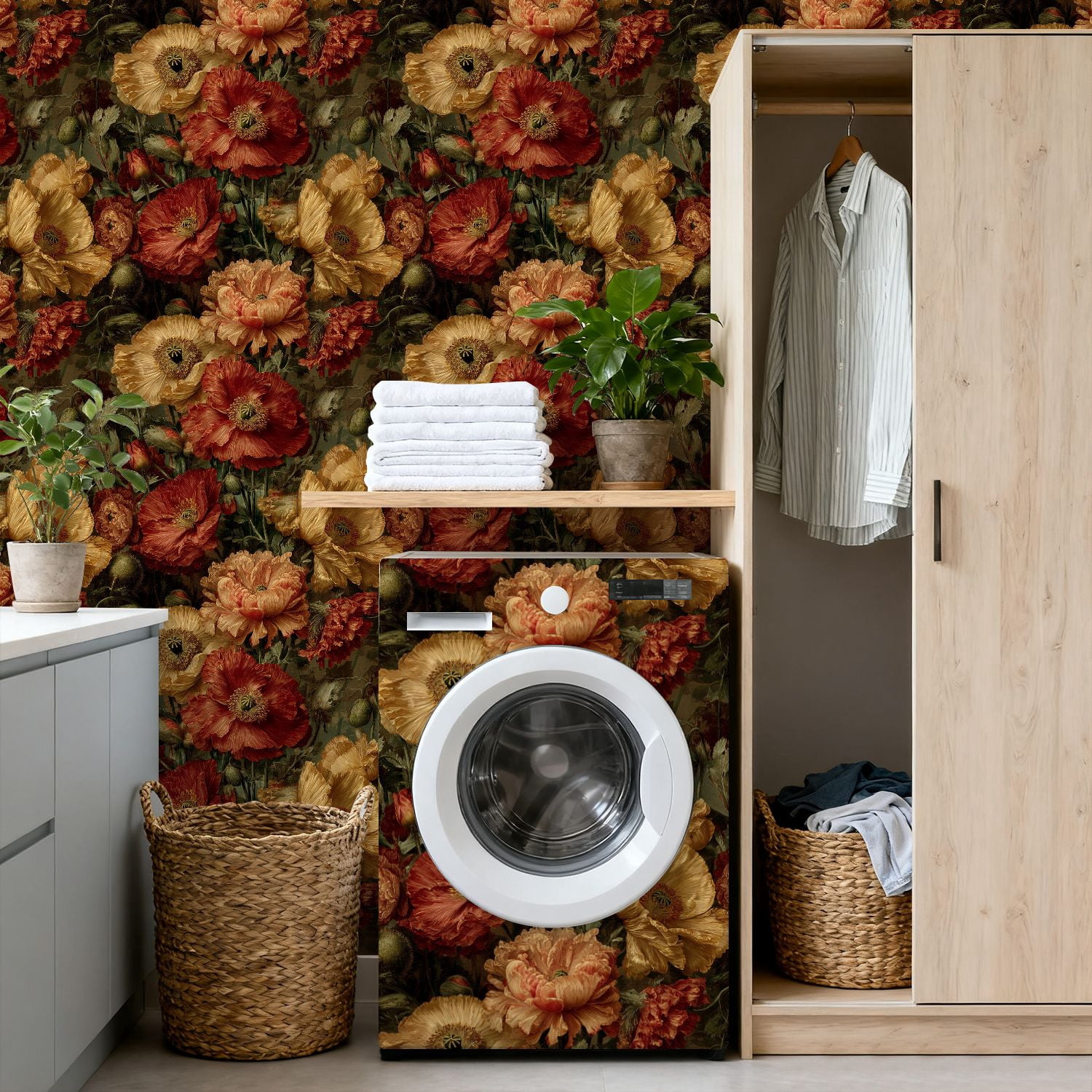 Vintage Peel and Stick Wallpaper Hyper Realistic Close Up Poppies Blooming Vibrant Colors Wall Mural 17.7in x 9.8ft Self Adhesive Removable Wall Paper Floral Contact Paper for Nursery Cabinets