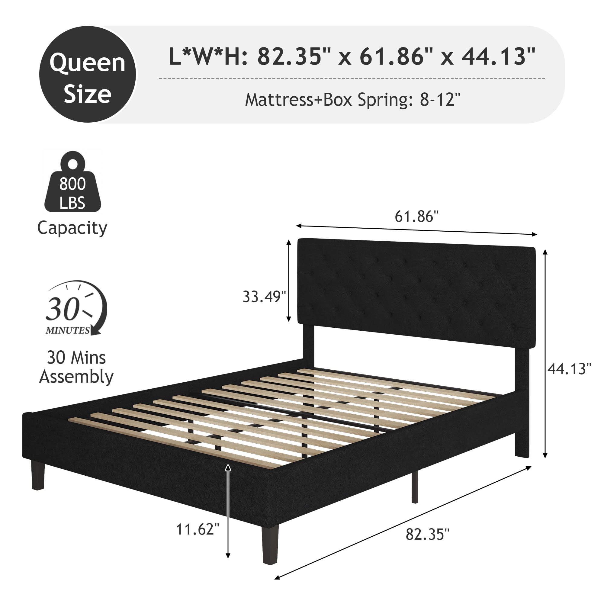 4 EVER WINNER Queen Bed Frame, Queen Upholstered Platform Bed with Button Tufted Headboard, Black