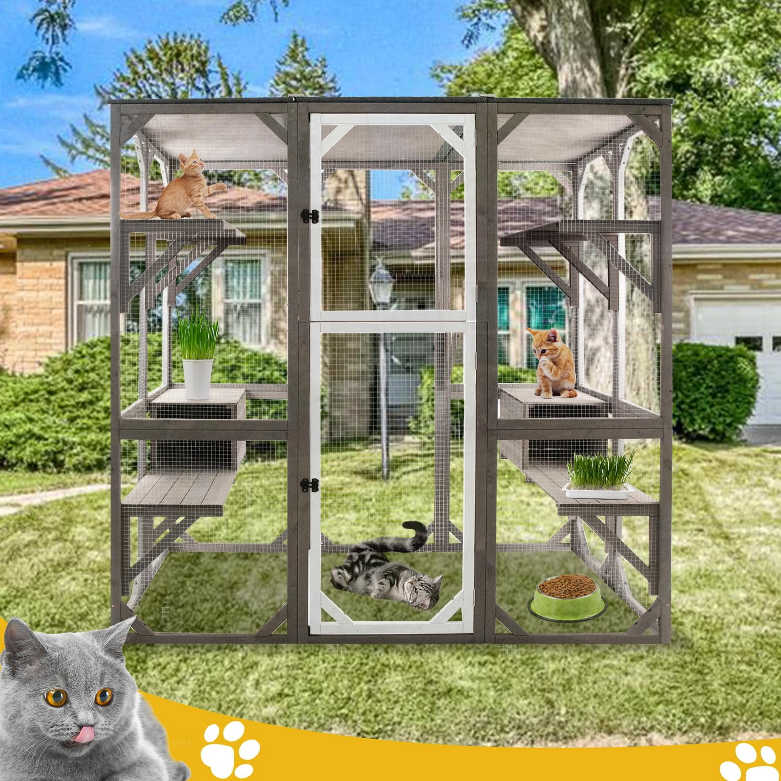 Gowoodhut Catio Cat Enclosures Outdoor Wooden Weatherproof Cat House with Multi Platforms