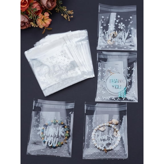100pcs 4 styles Thank You Plastic Cellophane Cookie Bags Bowknot Print Adhesive Sealing Top Bags for Bake Packaging Square Clear 10x10x0.01cm