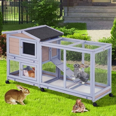 Dkelincs Rabbit House 58" Rabbit Hutch Indoor & Outdoor Wooden Bunny Cage W/Wheels, Large Guinea Pig House Rabbits Cage with Run Ramp Removable Trays for Small Animals