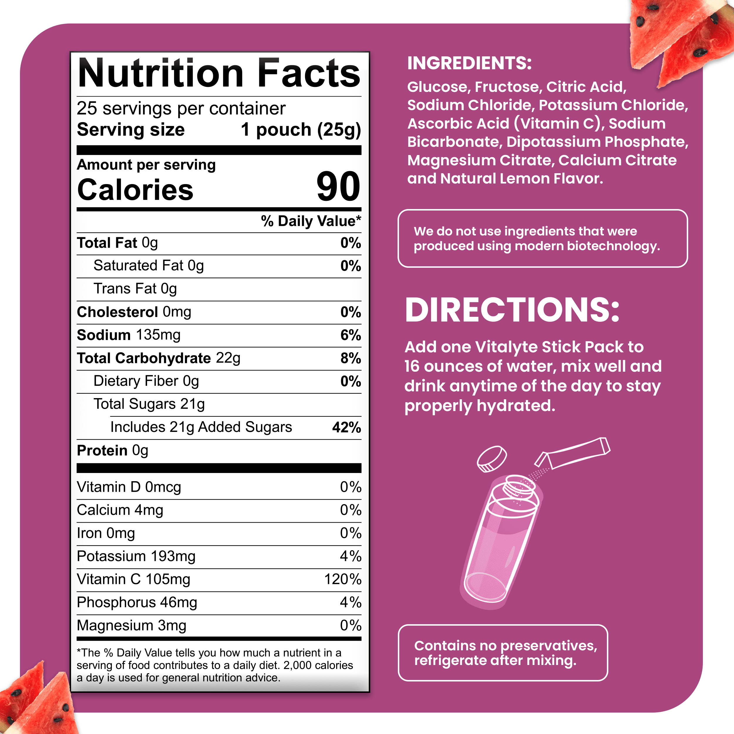 Vitalyte Watermelon Electrolyte Powder Packets Mix, Isotonic Hydration, 25 Single Serving Stick Packet