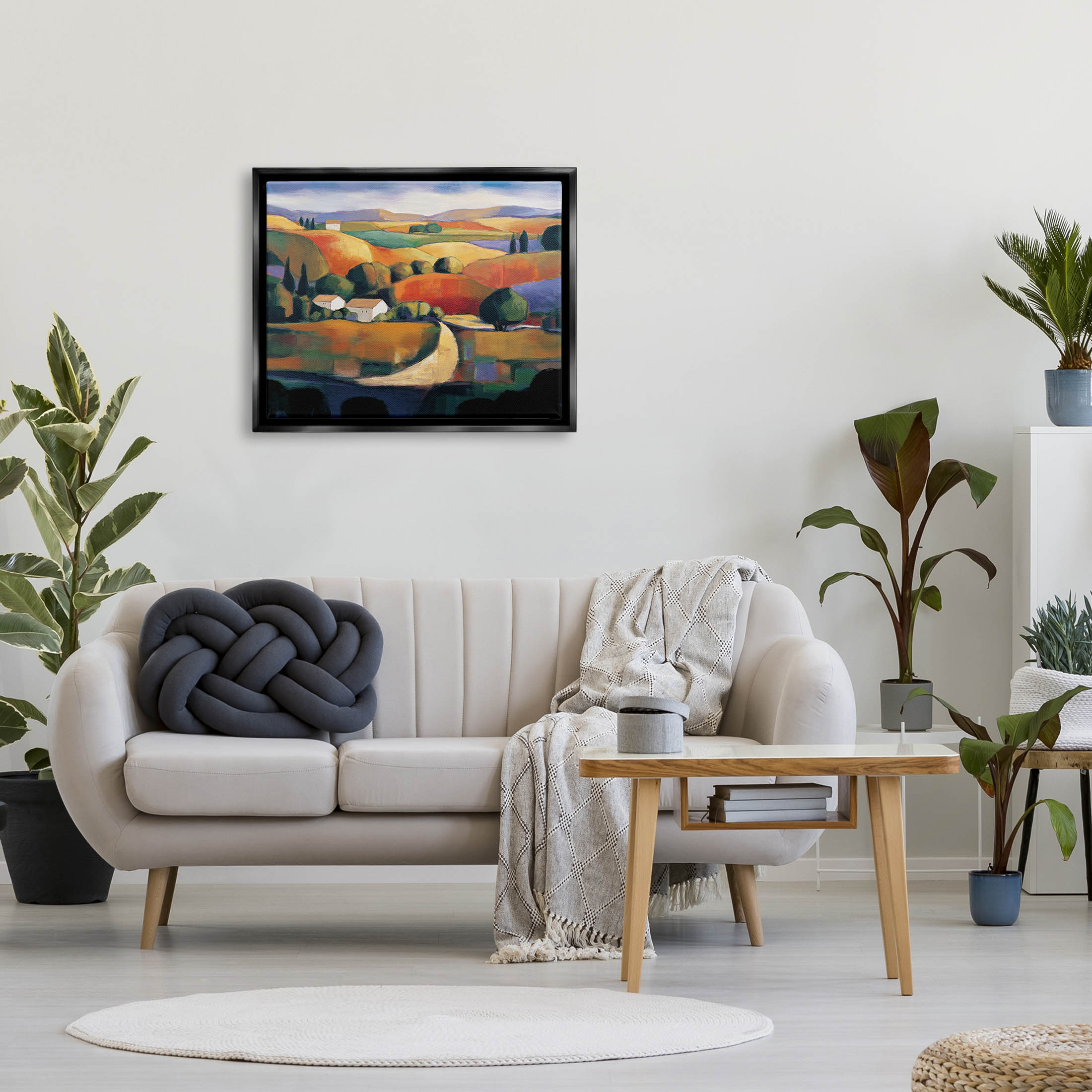Modern Rolling Hills Countryside Landscape Painting Jet Black Framed Art Print Wall Art