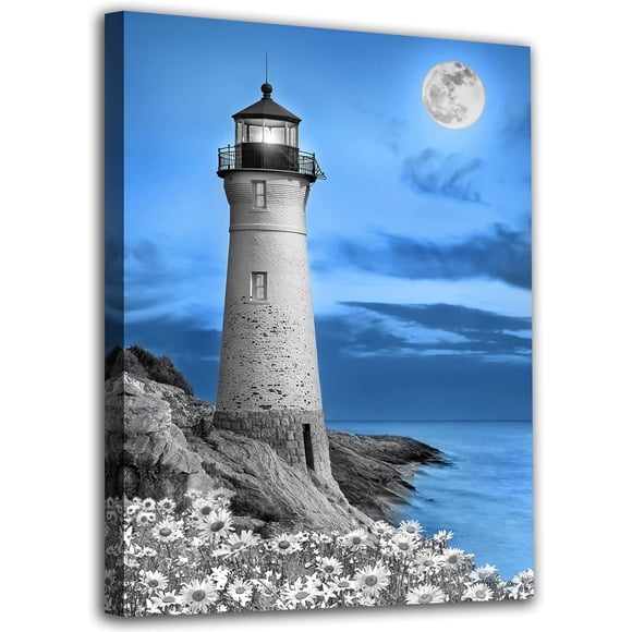 Lighthouse Canvas Wall Art Beach Rock Canvas Pictures Flowers Ocean Painting Bathroom Decor Modern Daisy Seascape Artwork framesor Home Bedroom Living Room Decor Framed Ready To Hang 12"x16"
