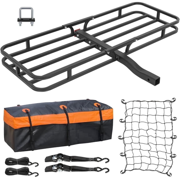 1AUTODEPOT Hitch Cargo Carrier Rack 500 lbs Capacity Heavy Duty 53"x19"x4" Hitch Mount SUV Truck Cars Basket with Waterproof Bag Net Tie Down Straps