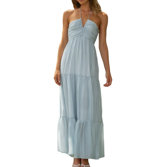 ZAXARRA Robe Longue Ligne A pour Femmes Couleur Unie Col Licou Sans Manches Dos Nu Robe d'Été Décontractée pour Fête à la Plage