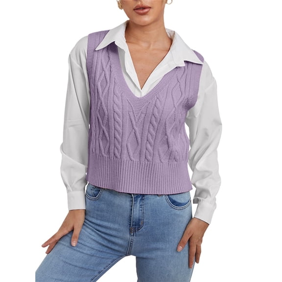 Women V-Neck Sweater Pullover Cable Knit Vest Solid Color Sleeveless Vest Pullover