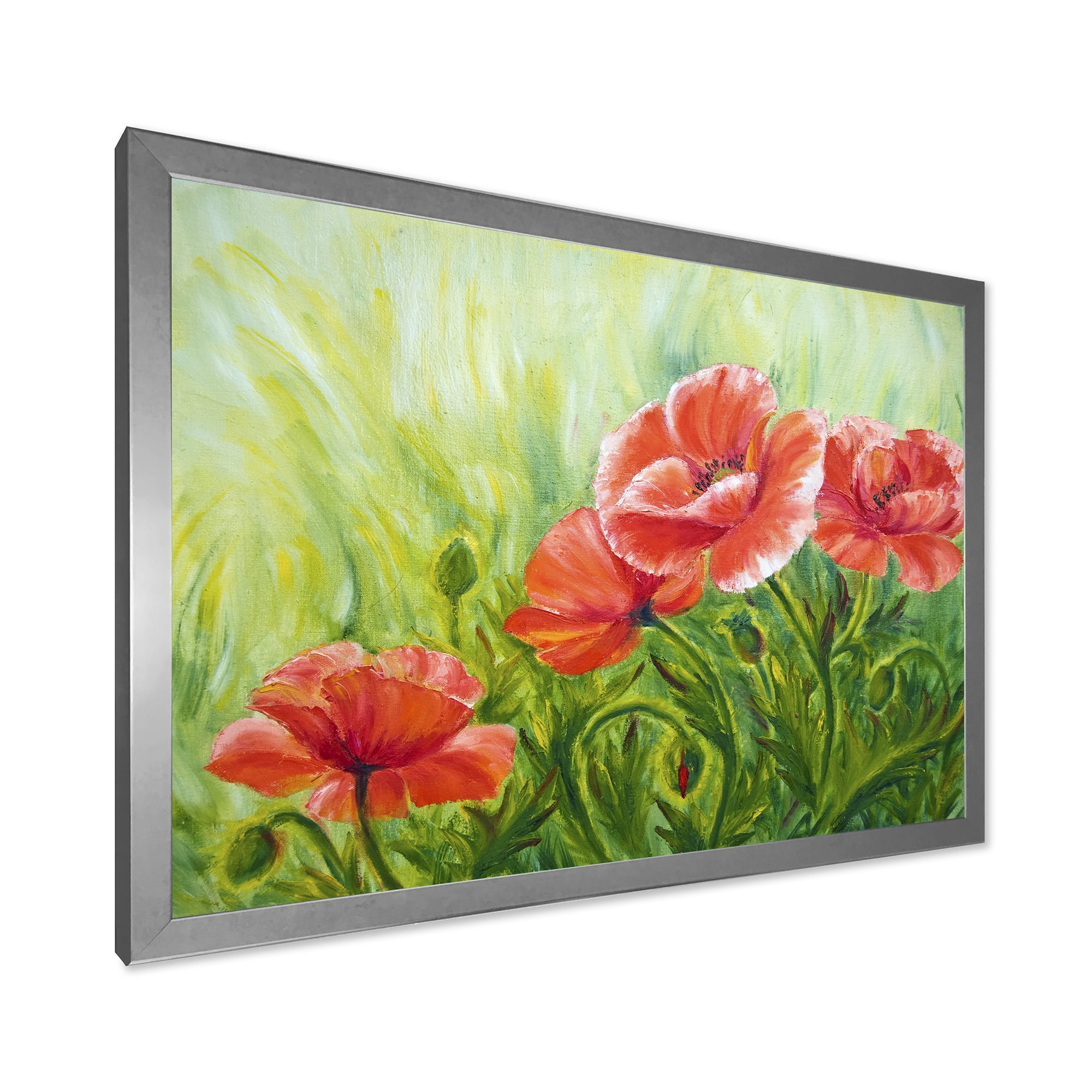 Designart 'Red Blossoming Poppies Over Wild Green III' Traditional Framed Art Print