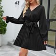 thumbnail image 3 of SWSMCLT Women's Long Sleeve Dress Chiffon V Neck Wrap Tie Waist Party Dresses Casual Short Ruched Pleated Black Large, 3 of 4