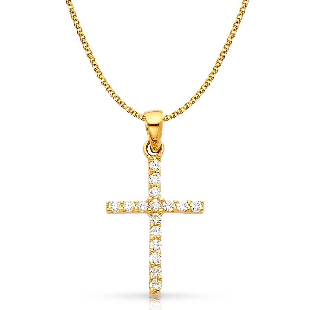 14K White Gold Cubic Zirconia CZ Cross Charm Pendant with 1.5mm Flat Open Wheat Chain Necklace 14K White Gold Cubic Zirconia CZ Cross Charm Pendant with 1.5mm Flat Open Wheat Chain Necklace