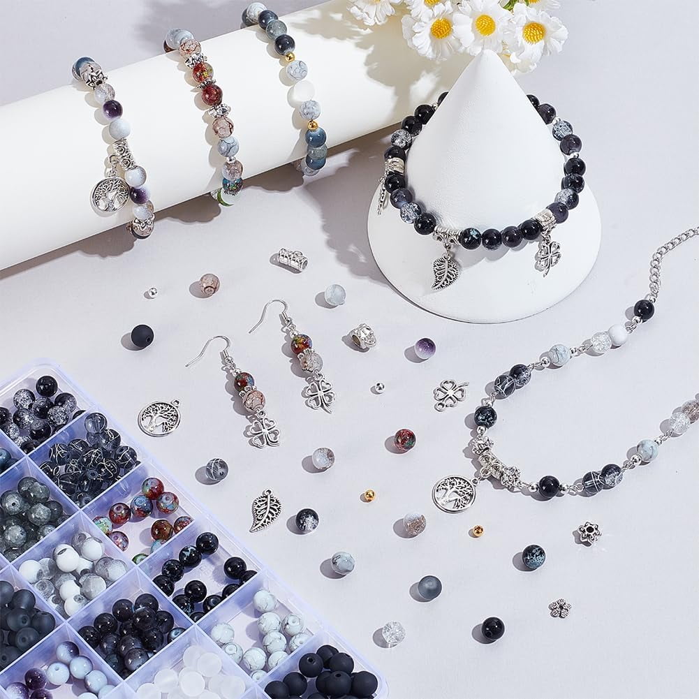 840pcs Bracelet Making Kit Black White Glass Beads Set 8mm Stone Beads Punk Style Spacers Charms Assorted Bead for Bracelet Necklace Jewellery Making DIY Crafts