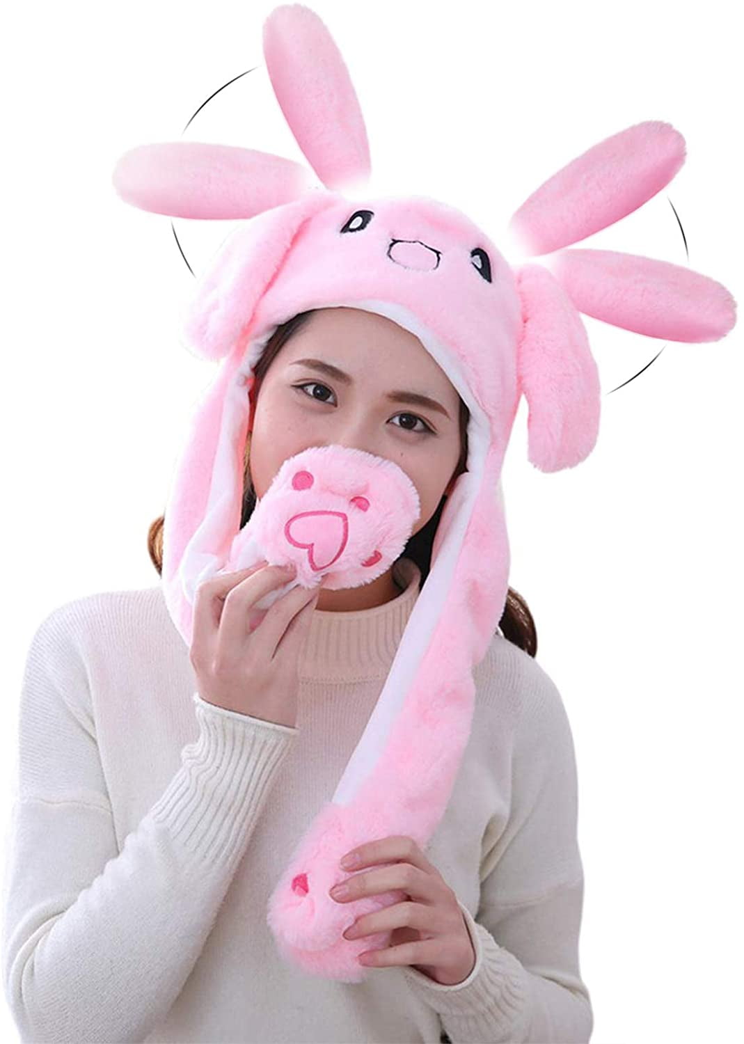 Pack of 2 Bunny Ear Moving Jumping Hat & Headband White/Pink Plush Bunny Funny Hat Rabbit Headband Hair Band Ear Pop-Up Hat for Girls Women Role Play Party Costume Accessories 