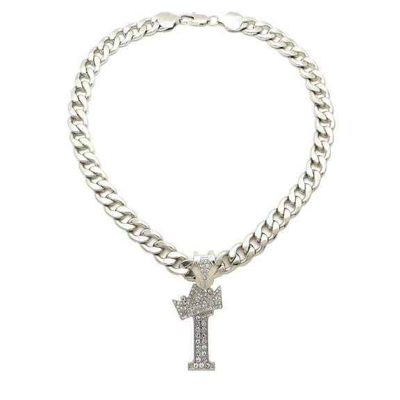 iJewelry2 Kings and Queens Crowned Initial Letter I Crystals Pendant Silver-tone Cuban Linked Chain Necklace