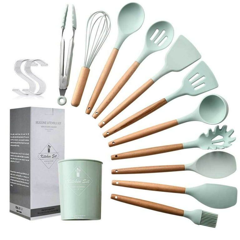 12Pcs Silicone Kitchen Utensils Set Non-Stick Kitchenware Cooking Set with  Holder,Wooden Handle Spatula Spoon Cookware Set