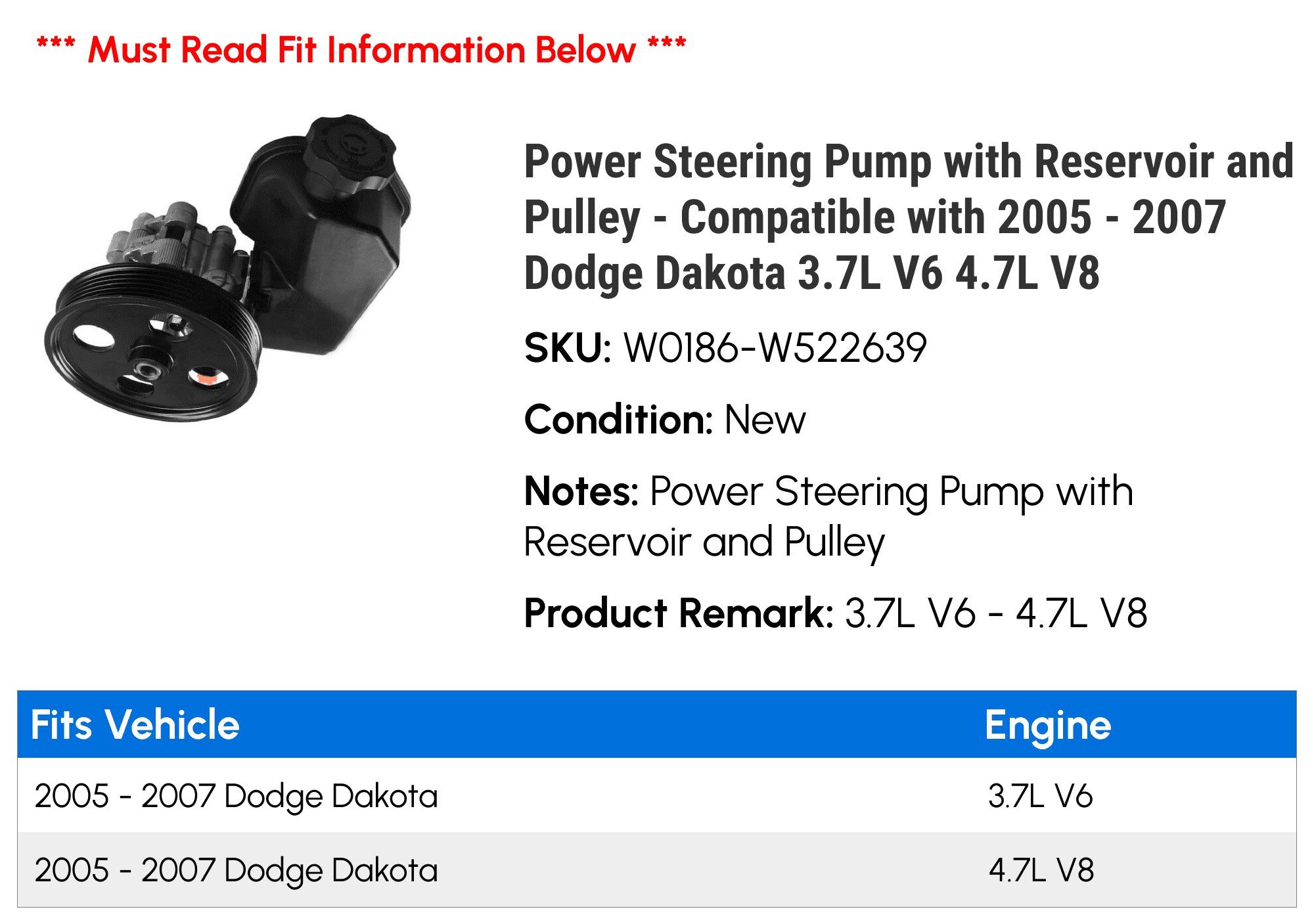 Power Steering Pump with Reservoir and Pulley - Compatible with 2005 - 2007 Dodge Dakota 3.7L V6 4.7L V8 2006