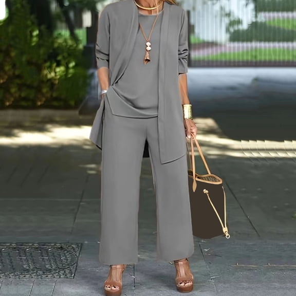 Joernso 3 Pcs/Set Women Coat Vest Pants Set Long Sleeve Cardigan O Neck Sleeveless Vest Elastic Waist Wide Leg Trousers Casual Loose Pantsuit Fall Spring Daily Wear Outfit