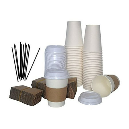 Paper Coffee Cups, Travel Lids, Sleeves & Stirrers, 12oz White Hot or Cold Disposable To Go Travel Mug & Cover for Tea Coco Chocolate Office Party Pack in Bulk by eDayDeal HomeGoods (100, 12