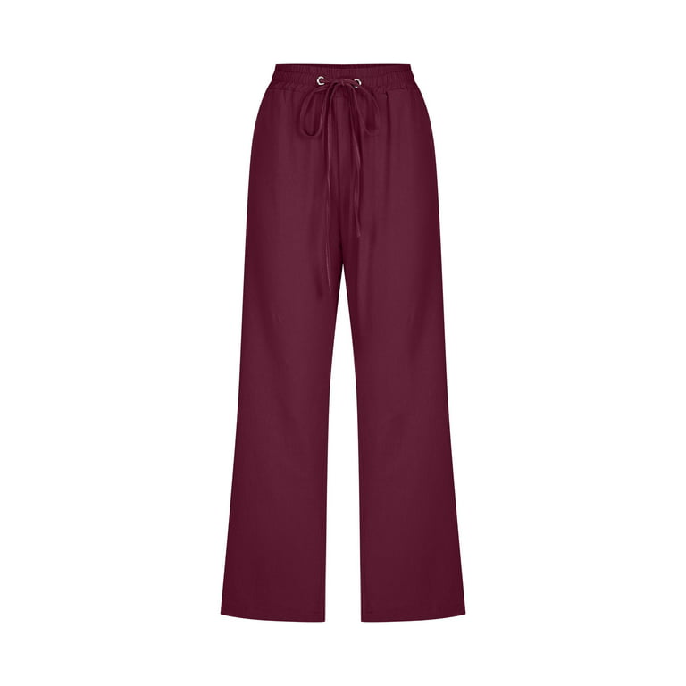 JWZUY Womens Linen Pants High Waisted Wide Leg Drawstring Casual Loose  Trousers with Pockets Ladies Solid Color Straight Cropped Trousers Wine XXL  