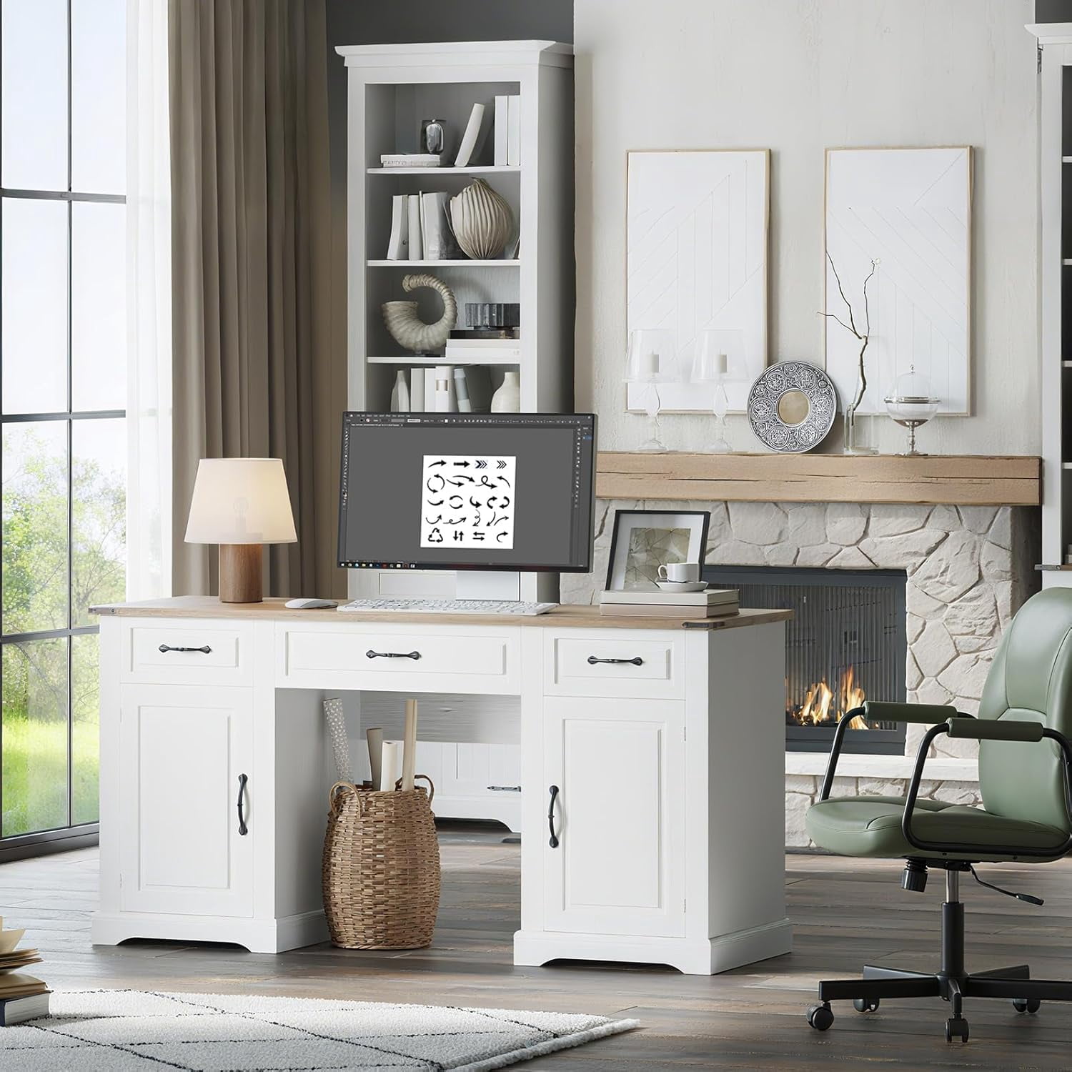 60" Farmhouse Executive Desk Computer Desks with Drawers and Cabinet Wood Workstation Computer Desks for Study and Home Office