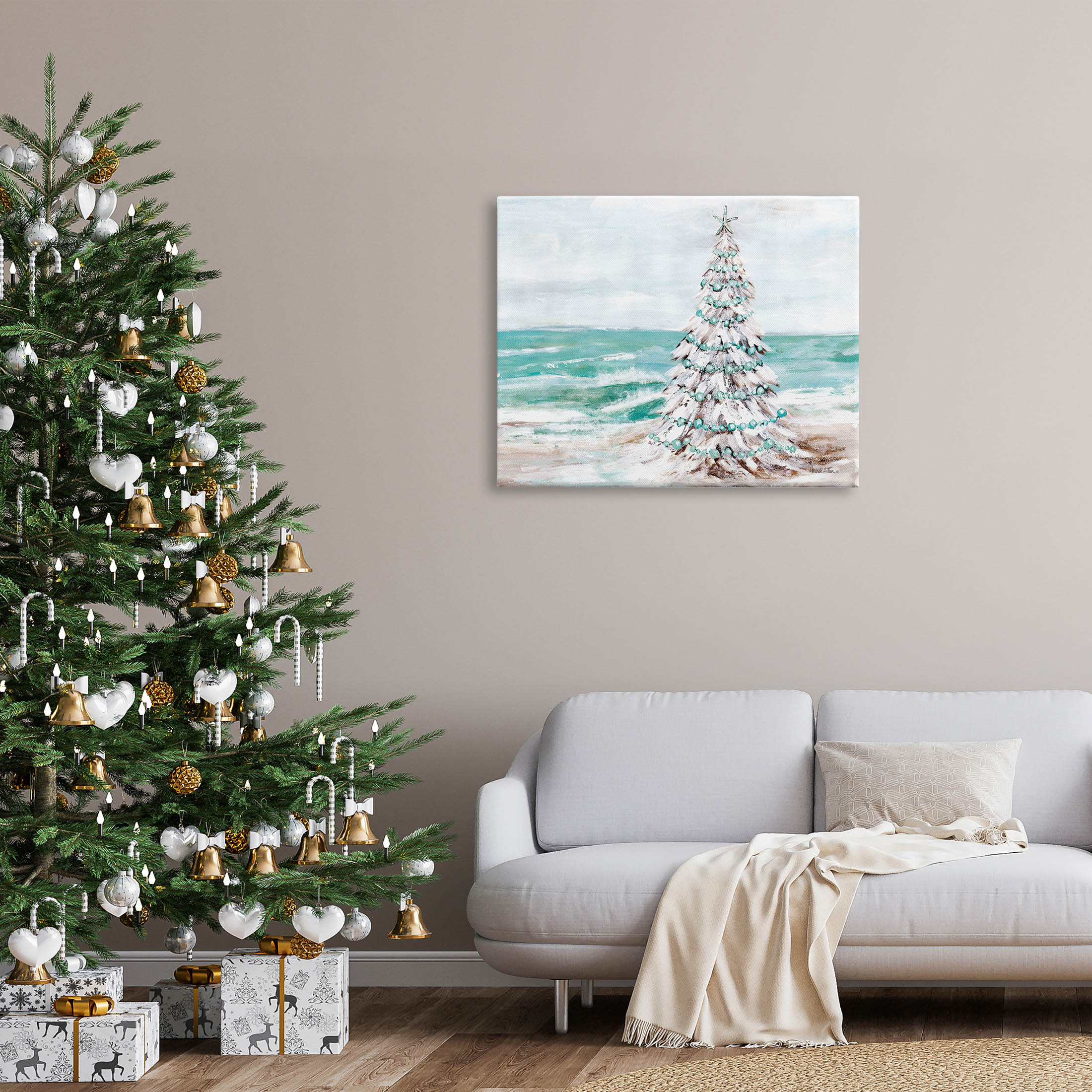 Snowy Christmas Tree Beach Shore Holiday Painting Gallery Wrapped Canvas Print Wall Art