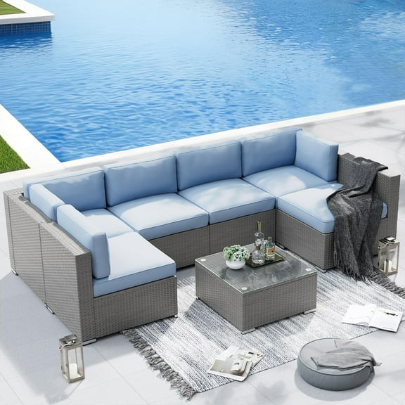 SUNCROWN Outdoor Patio Furniture Set 7 Piece Outdoor Sectional Sofa Grey Wicker Conversation Sofa Set with Coffee Table and Cushions (Light Blue)