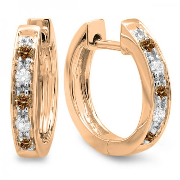 0.15 Carat (ctw) 18K Rose Gold Round Champagne & White Diamond Ladies Huggie Hoop Earrings