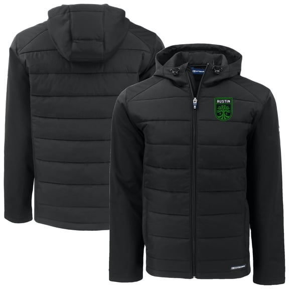 Men's-Cutter & Buck Black Austin FC Evoke Hybrid Eco Softshell Recycled Full-Zip Hooded Jacket