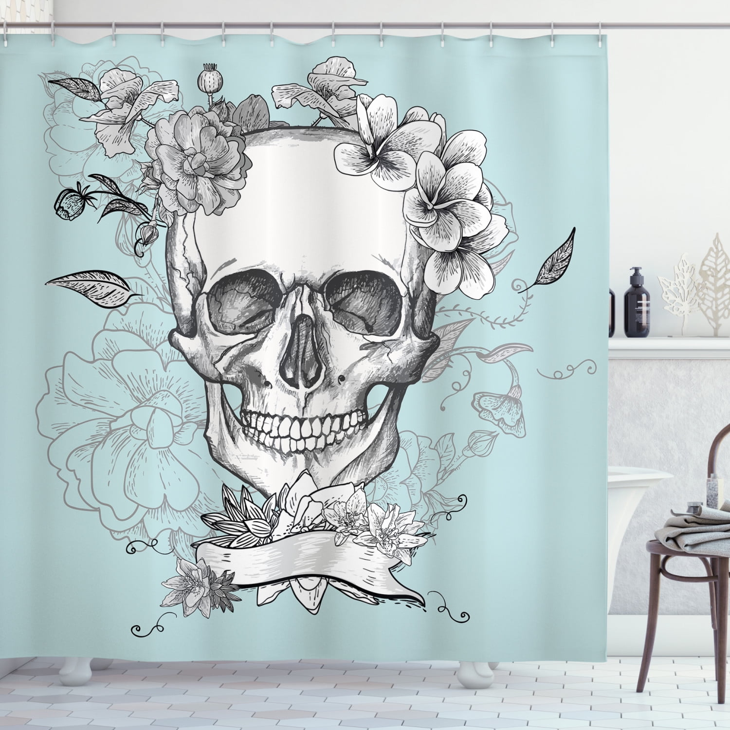 Extra Long Art Skull Shower Curtain Waterproof Polyester Fabric Moisture Proof 
