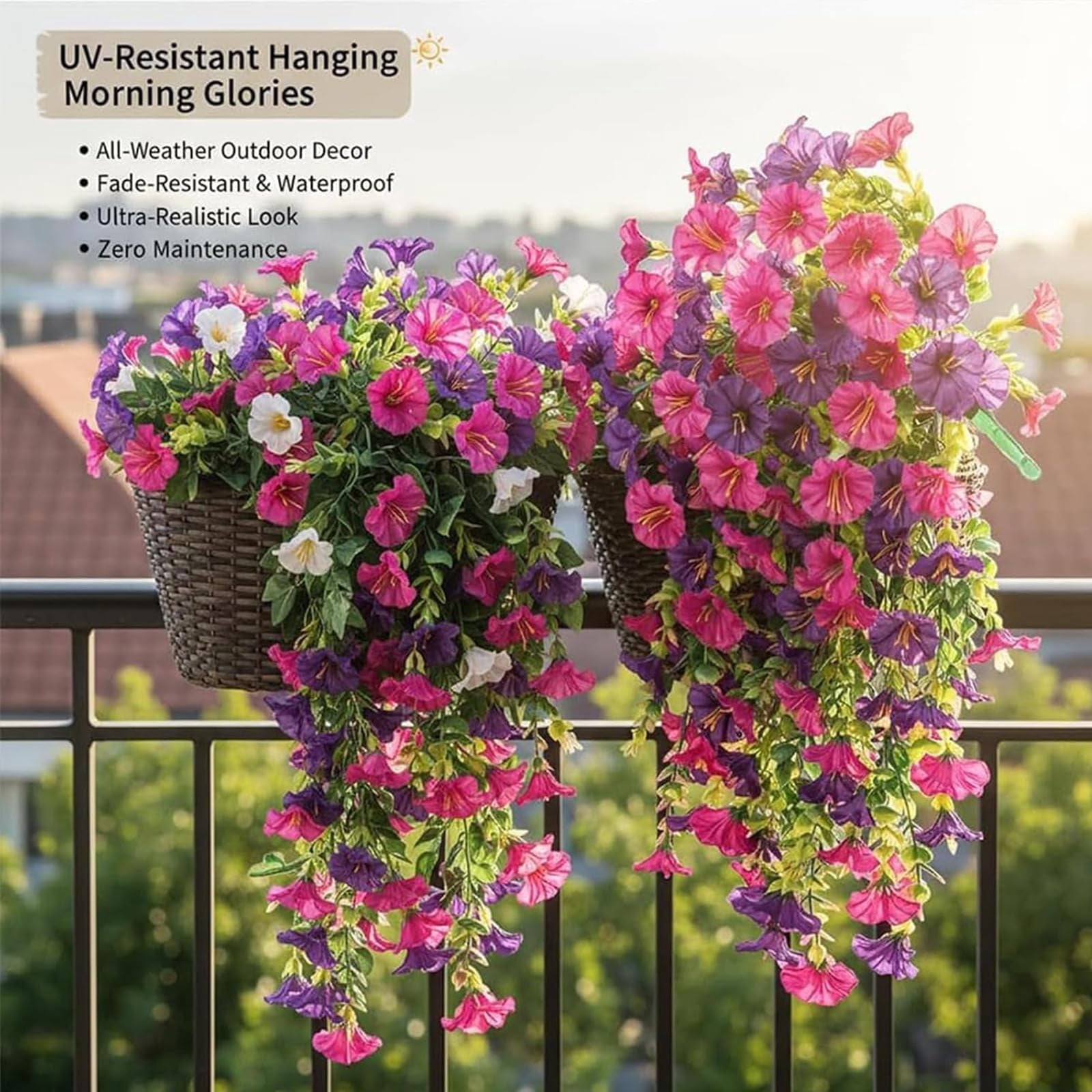 UV Resistant Hanging Artificial Morning Glory Vine – No Fade Fake Flowers for Outdoors, 29.5″ Weatherproof Plastic Garland for Front Porch, Window Box, Hanging Garden