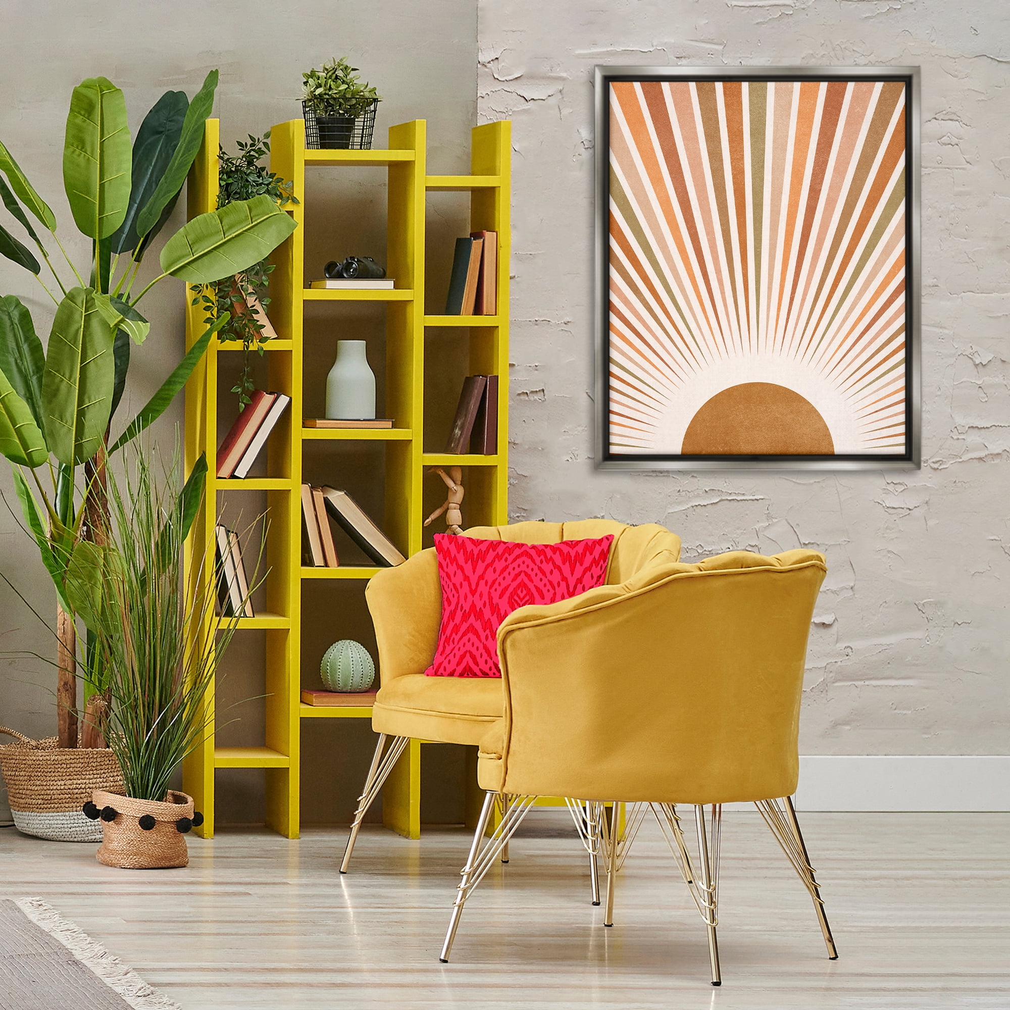 Stupell Industries Vintage Boho Sunburst Landscape & Nature Painting Gray Floater Framed Canvas Art Print Wall Art, 25 x 31