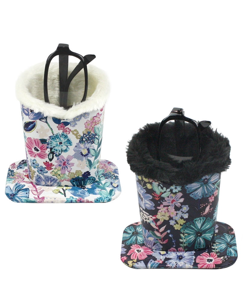 PU Leather Eyeglass Holders With Plush Lining - 2 Pack Stands For Glasses, Phones, Pens (White & Black Feather) 2 thumbnail image