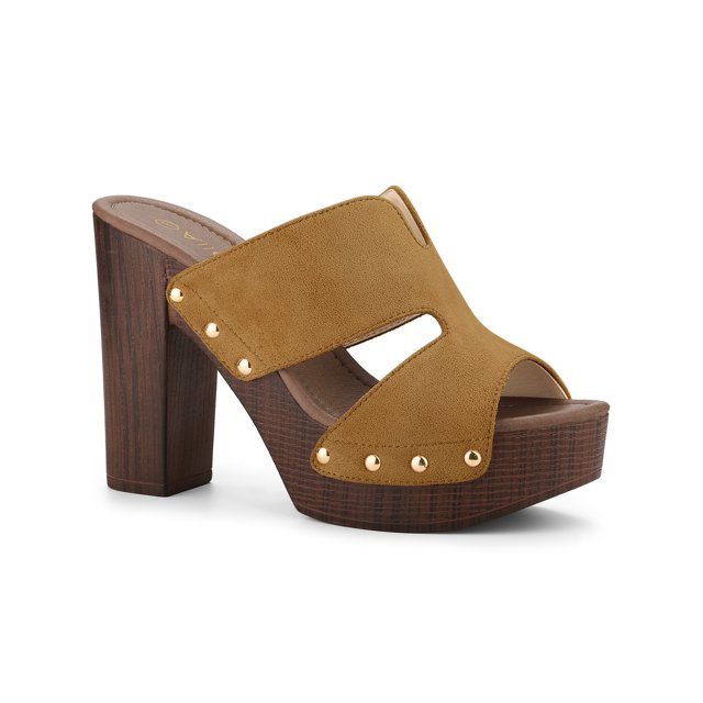BLISSFUL STEP Women's Faux Suede Platform High Block Heel Slides Sandals Brown 8.5