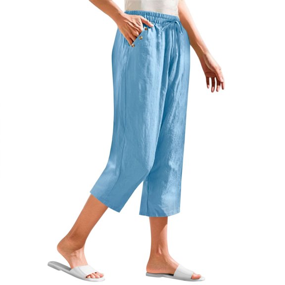 Oksale Linen Cotton Capri Pants for Women Lightweight Loose Straight Leg Summer Capris with Pockets Elastic Drawstring Waist Cropped Trousers 2026 Light Blue S