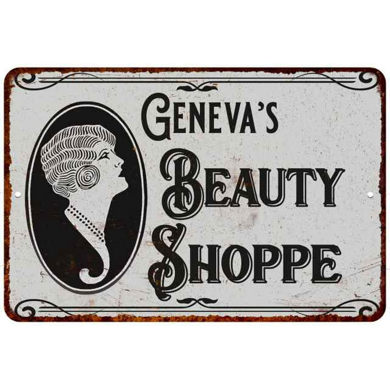 Geneva's Beauty Shoppe Chic Sign Vintage Decor 8x12 Metal Geneva's Beauty Shoppe Chic Sign Vintage Decor 8x12 Metal