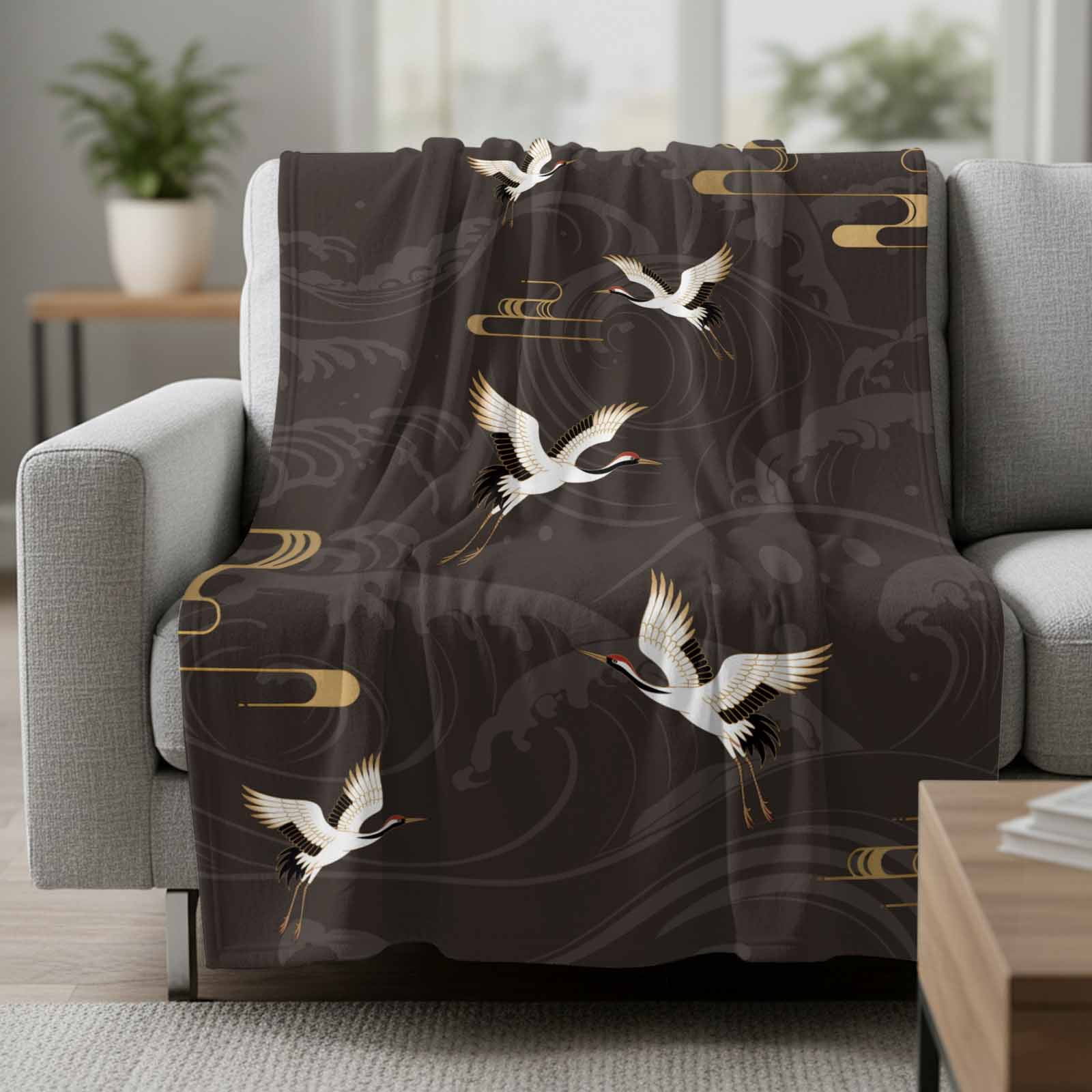 Japanese Style Blanket Soft Cozy Warm Throw Blanket for Couch, Plush Fuzzy Flannel Fleece Blankets for Sofa, Vintage Cranes Ocean Wave Black Grey Bed Blankets Lightweight Gifts for Women, 32"x48"