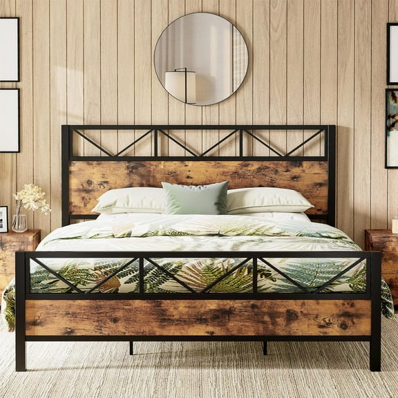California King Bed Frame, Tall Industrial Headboard 51.2 ", Platform Bed Frame with Strong Metal Support, Solid and Stable, Noise Free, No Box Spring Needed, Easy Assembly, Vintage Brown