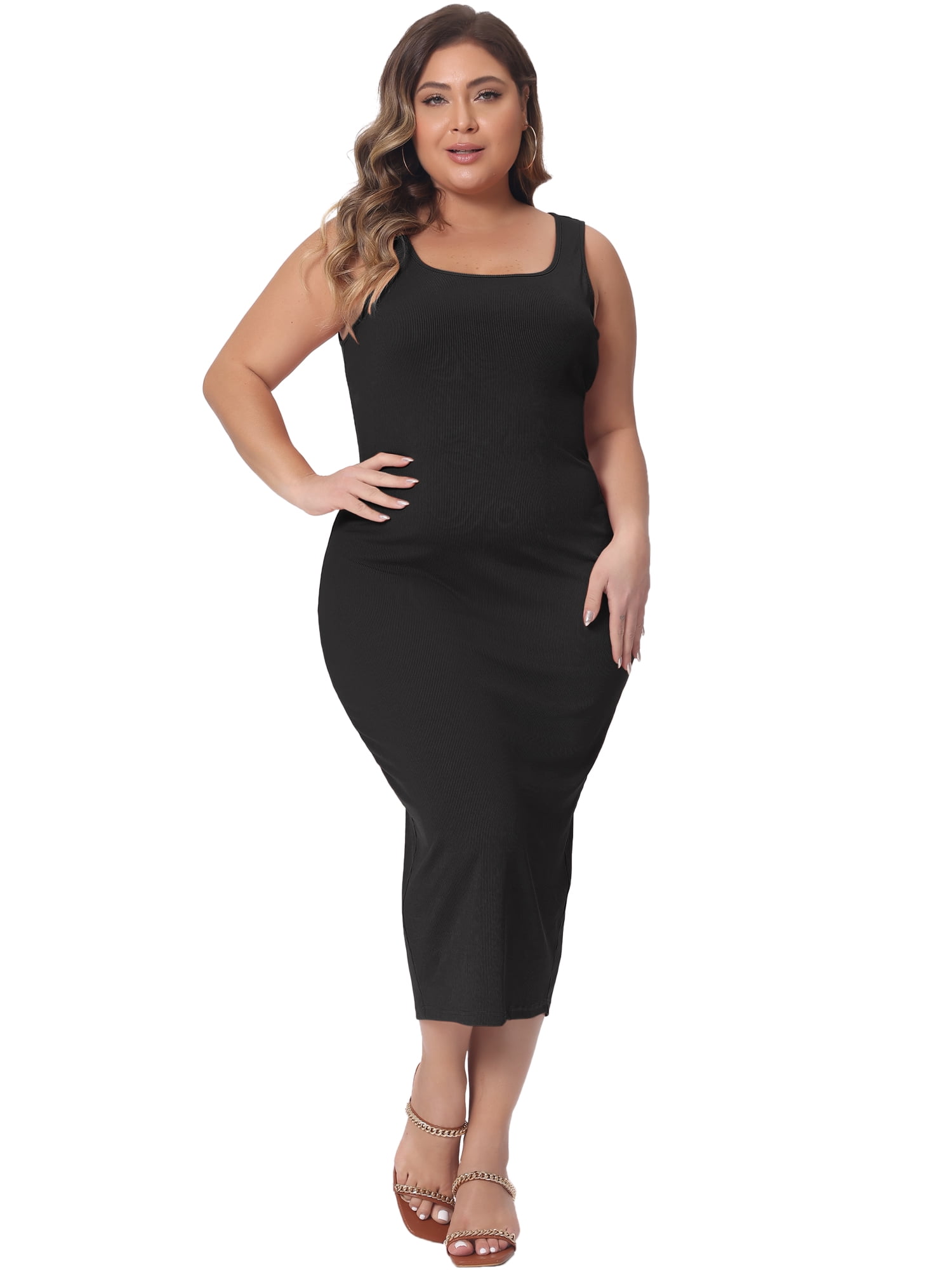 DARING DIVA Women's Plus Size Sleeveless Square Neck Bodycon Midi Tank Dress 2X Black