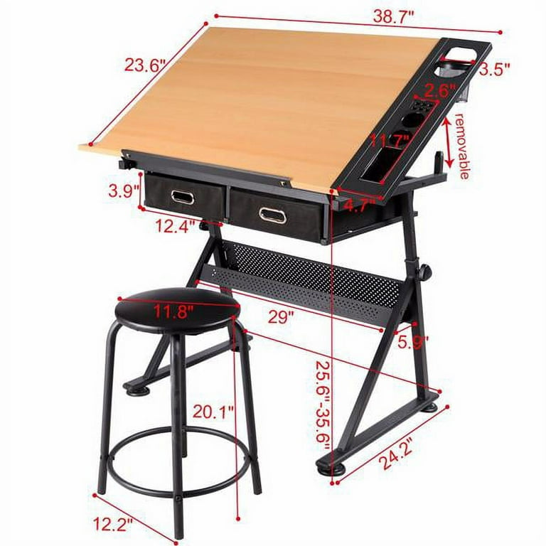 Easyfashion Adjustable Drafting Table with Stool, Wood 