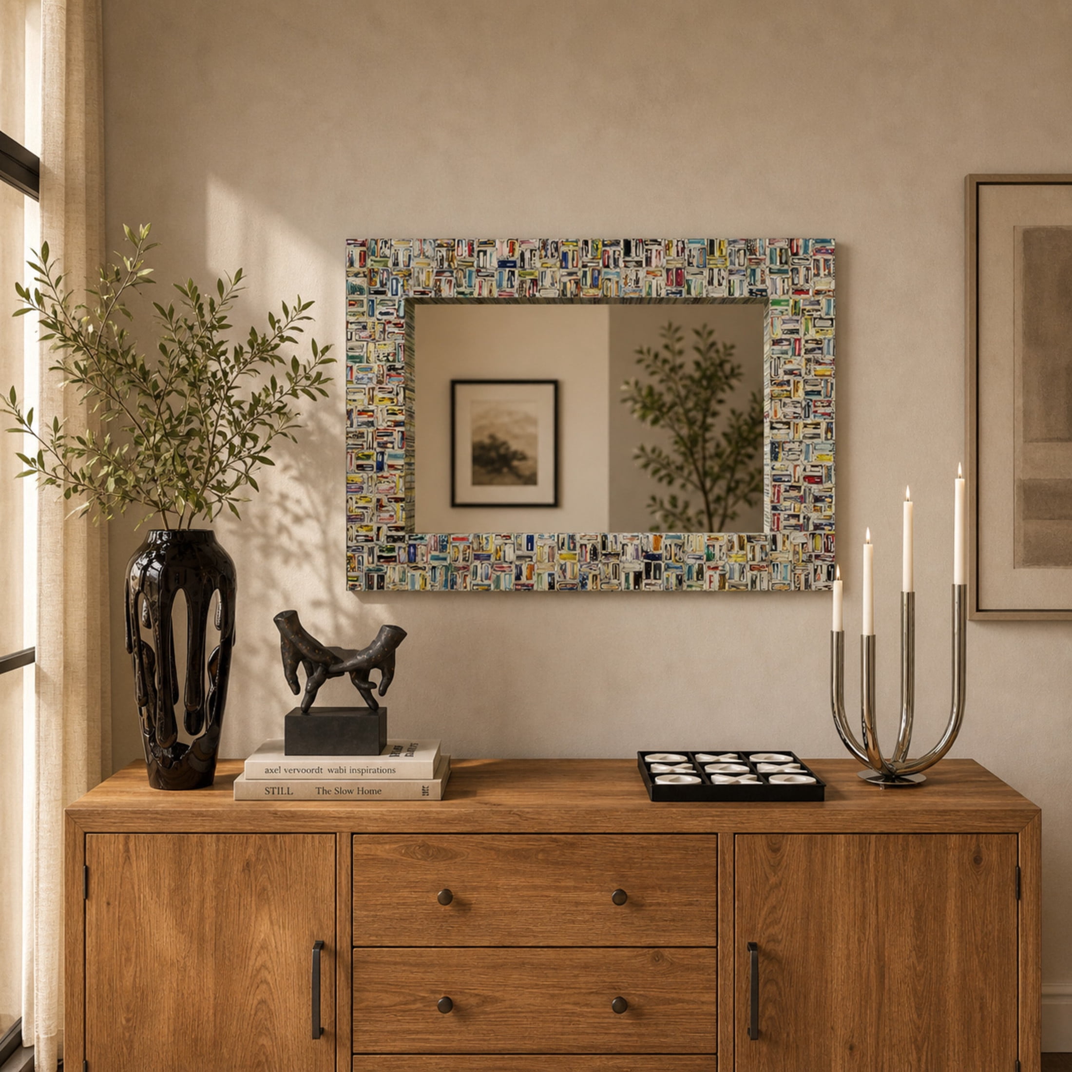 DecMode 32" x 47" Multi Colored Handmade Recycled Magazine Frame Wall Mirror