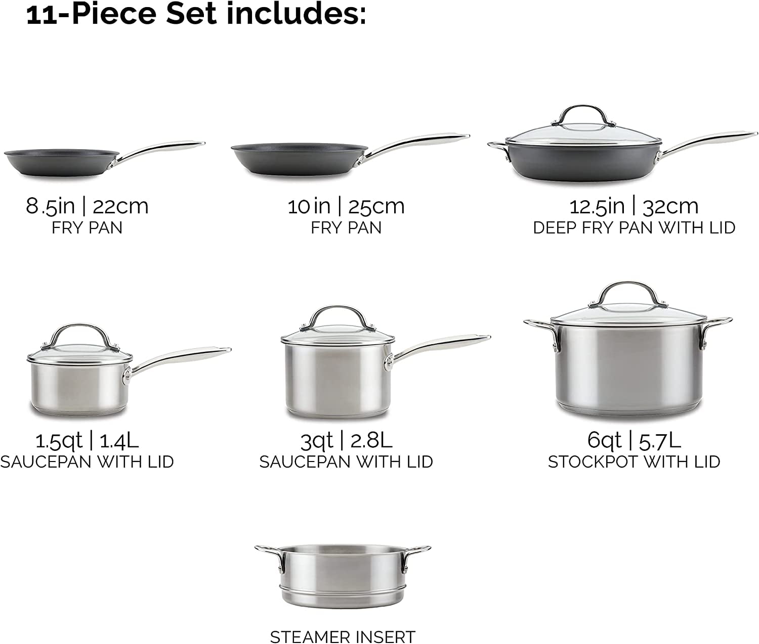 Rachael Ray Stainless Steel and Hard Anodized 11 Piece Nonstick Pots and Pans Set