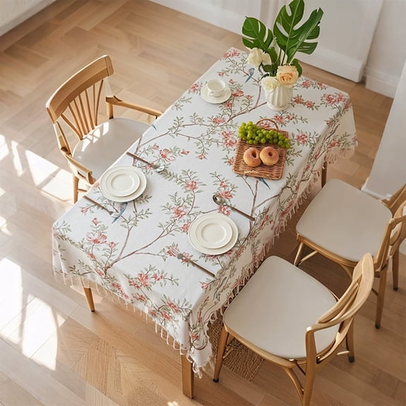 Dirt-Proof Faux Linen Tablecloth - Tassel Bird Floral Print, Rectangular Cover for Dining Coffee Table Home Decoration