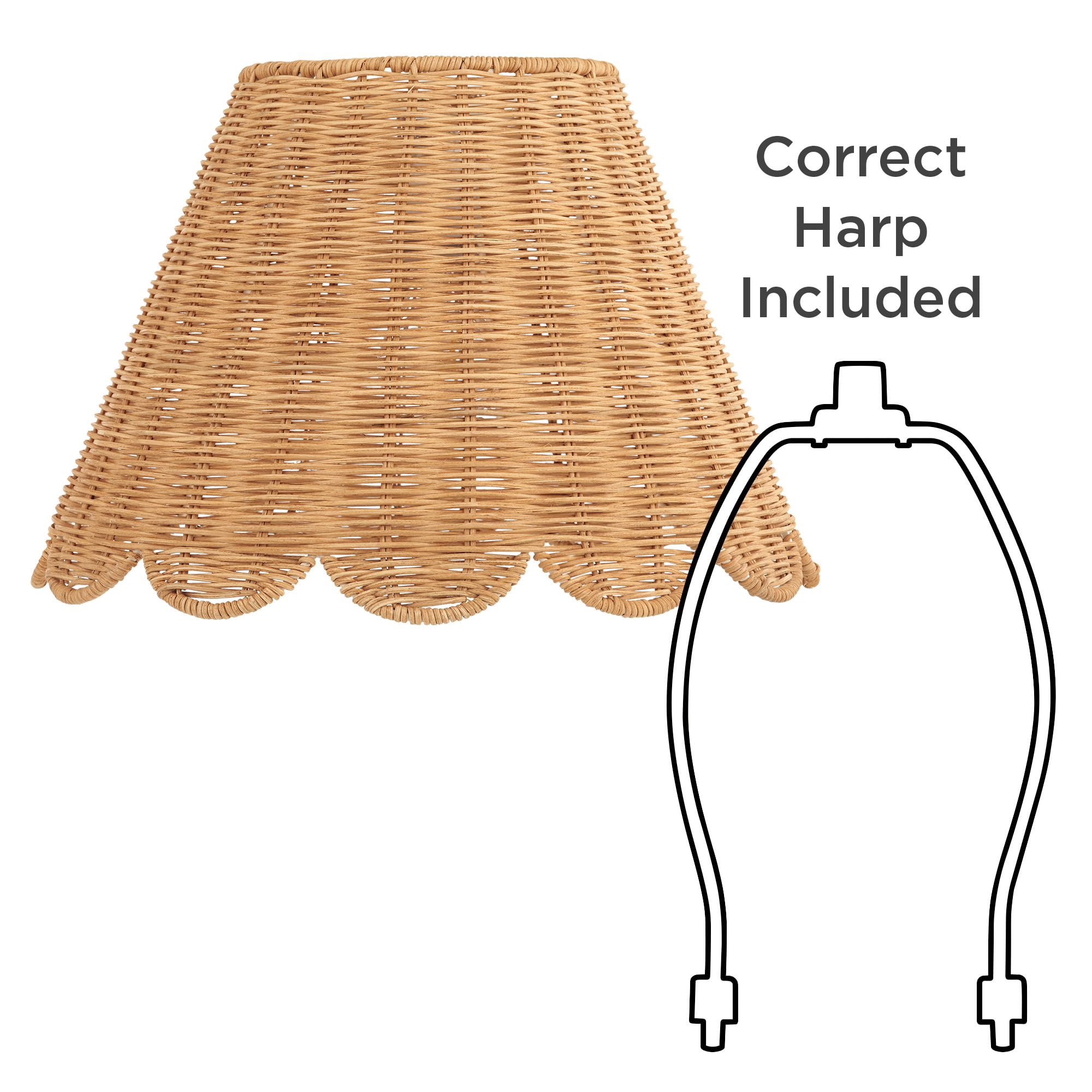 Springcrest 7" Top x 15" Bottom x 9 1/2" High x 9 1/2" Slant Lamp Shade Replacement Natural Rattan Scalloped Bottom Spider Harp Finial