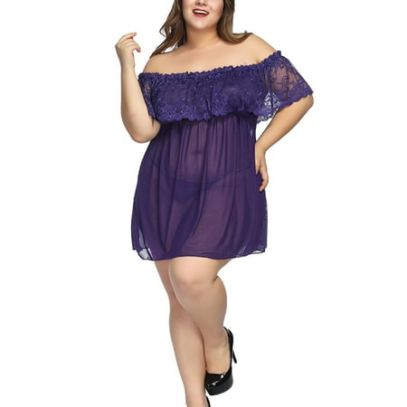 Plus Size Lace Mesh Lingerie Chemise Womens Flounce Off Shoulder Babydoll See Through Bodysuit Sleepwear Mini Dress (3X-Large  Purple)