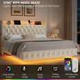 thumbnail image 5 of Hiphuta King Size Floating Upholstered Beds with LED Lights, Velvet Leather Sturdy Platform Bed with Charging Station & Button Tufted Headboard Storage, White, 5 of 8