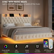 Hiphuta Queen Size Floating Upholstered Beds with LED Lights, Velvet Leather Sturdy Platform Bed with Charging Station & Button Tufted Headboard Storage, White