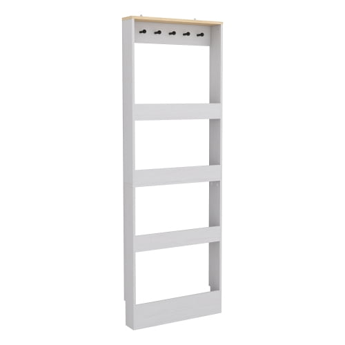 69" Tall Bookcase behind the Door with 4 Shelves and 5 Hooks, Space-Saving Narrow Storage Cabinet for Living Room, Bedroom, Hallway, Antique White