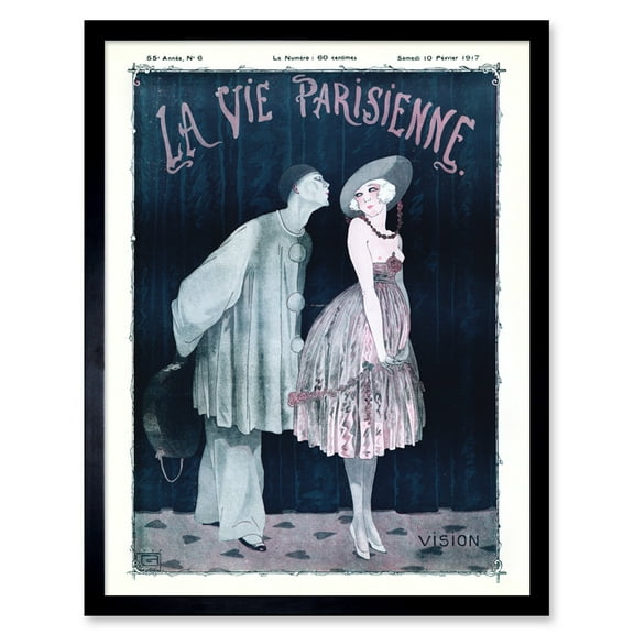 Vintage French Fashion La Vie Parisienne Kissing Pierrot Clown Magazine Cover Art Print Framed Poster Wall Decor 12x16 inch